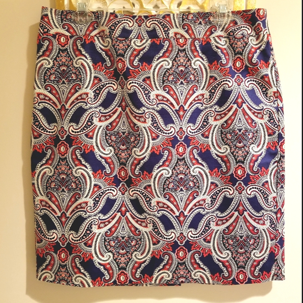 Ann Taylor Paisley Print Pencil Skirt Petite Blue Red Cream